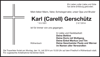 Traueranzeige von Karl Gerschütz von Pegnitz-Zeitung